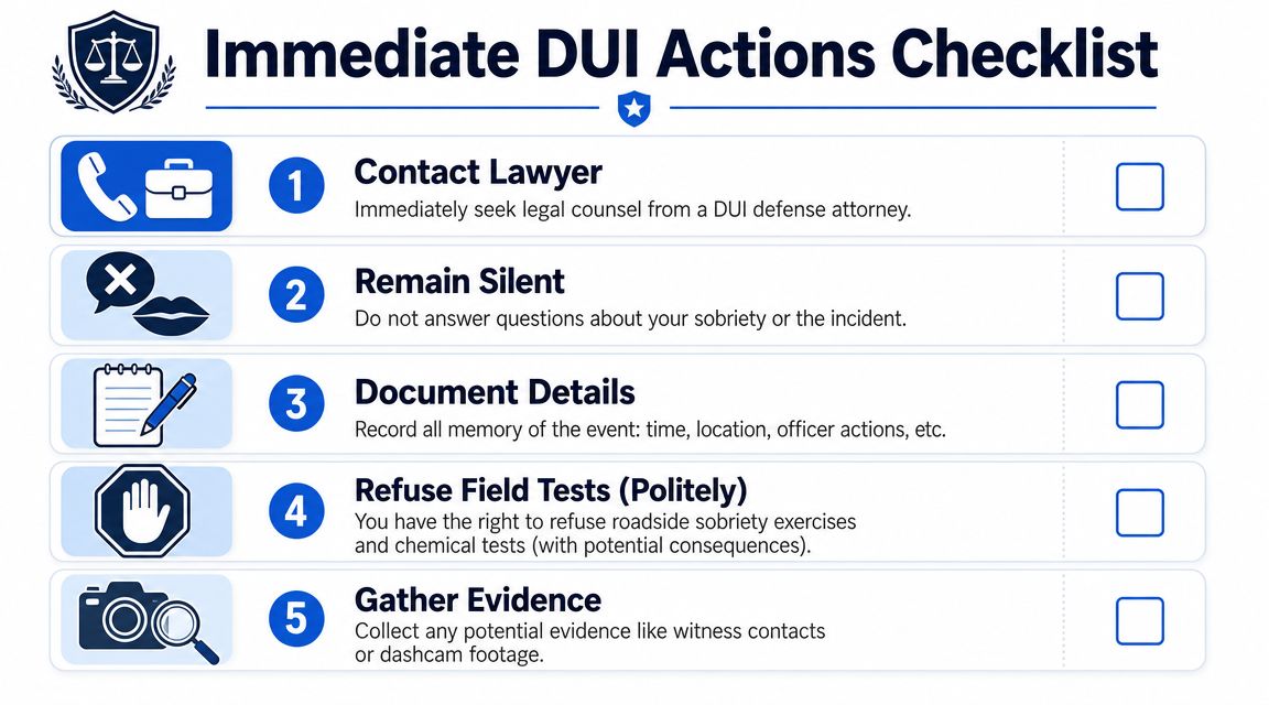 An infographic titled Immediate DUI Actions Checklist, listing five steps to follow after a DUI traffic stop.