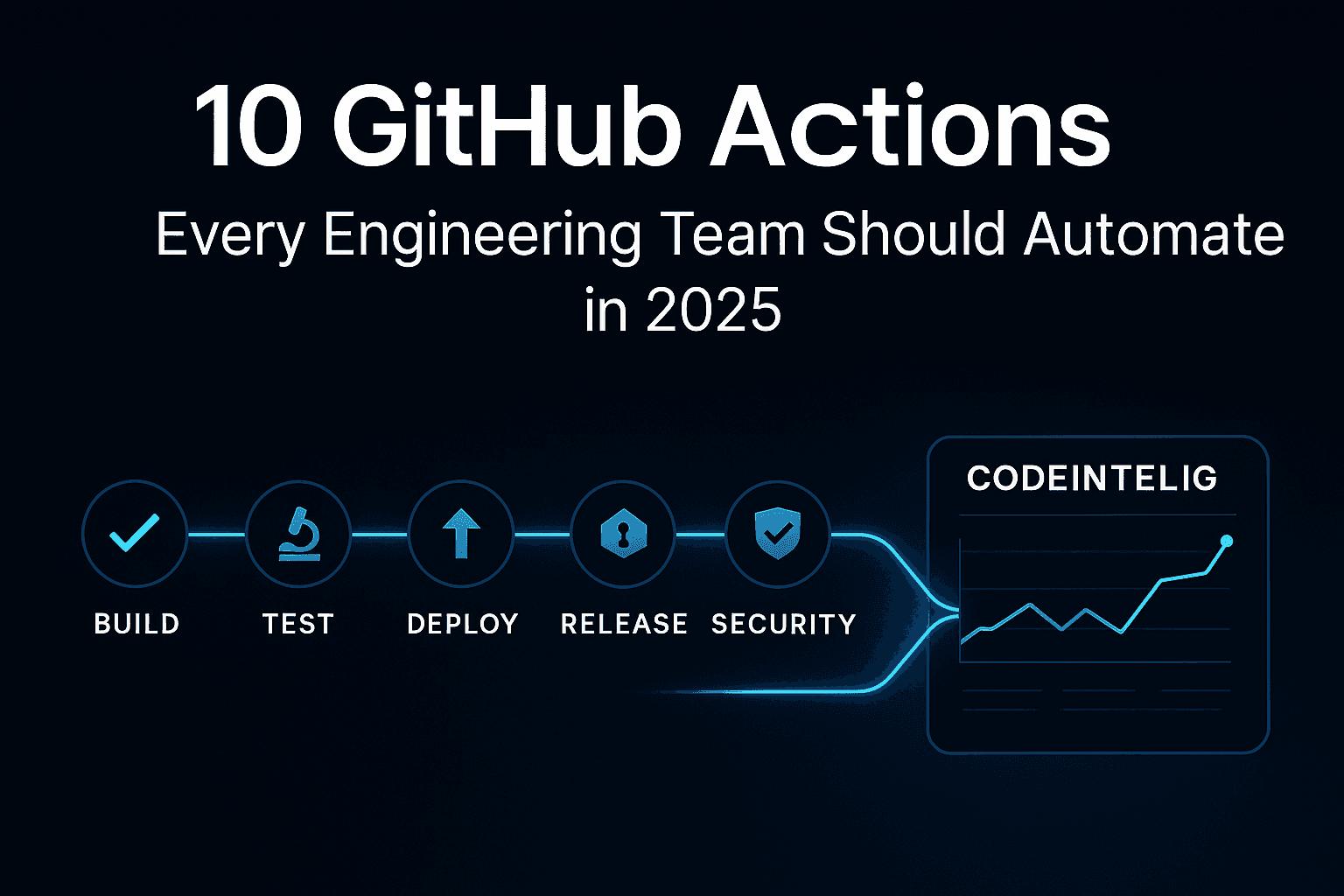 Dark SaaS illustration showing GitHub Actions icons for build, test, deploy, release, and security connected by glowing blue pipelines leading into a CodeInteliG dashboard.
