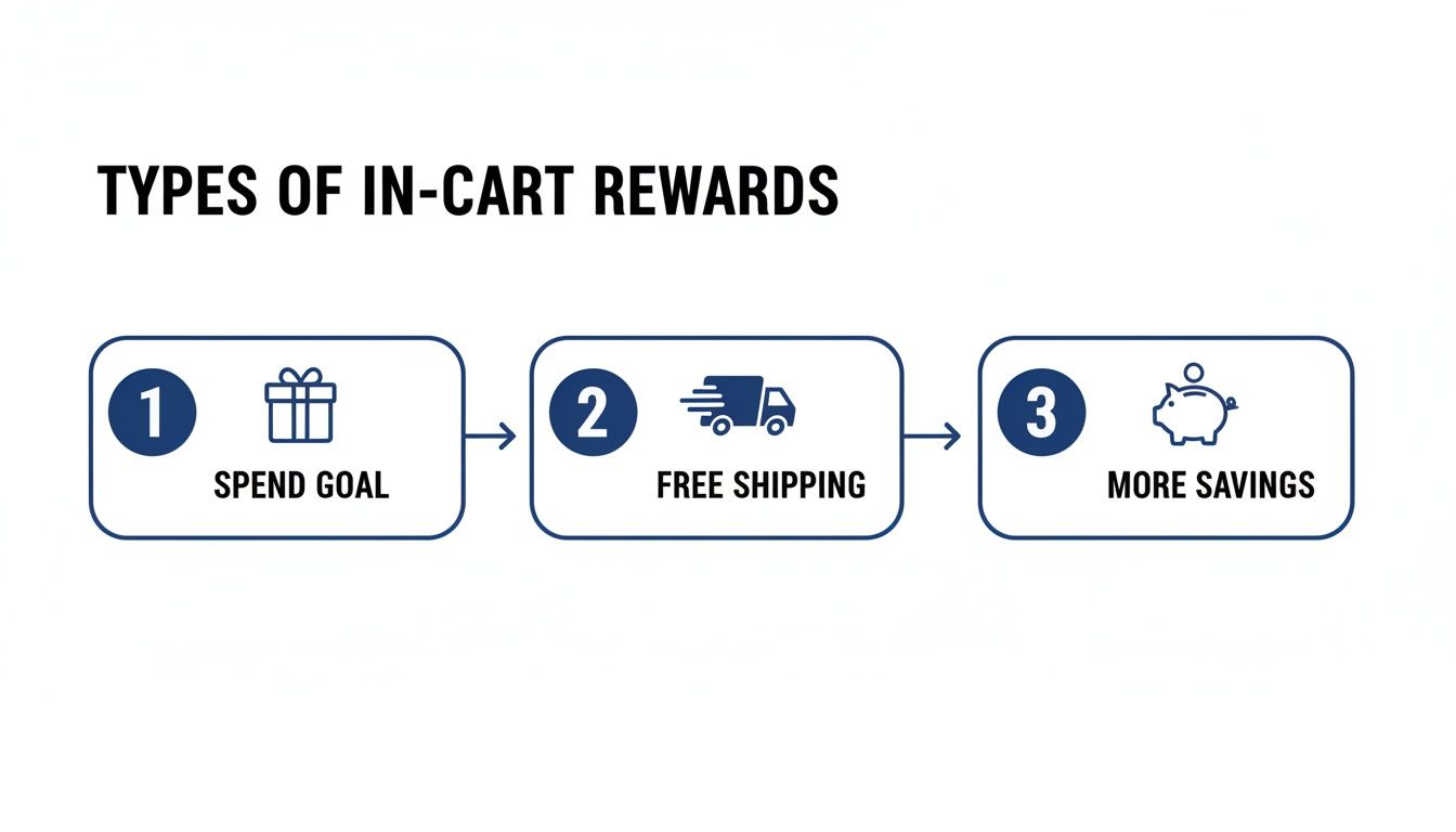 A diagram illustrating three types of in-cart rewards: spend goal, free shipping, and more savings.