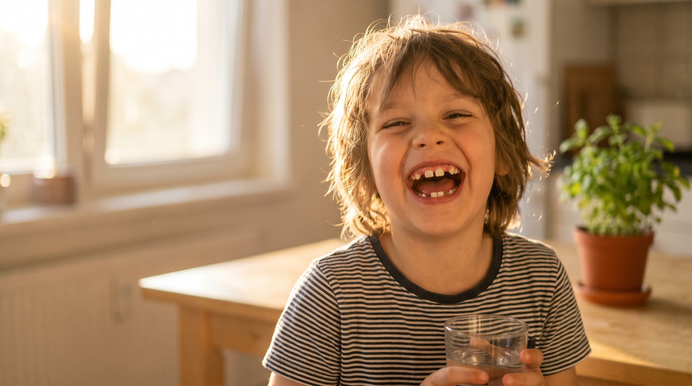 Young child laughing in sunlit kitchen showing mix of baby and permanent front teeth