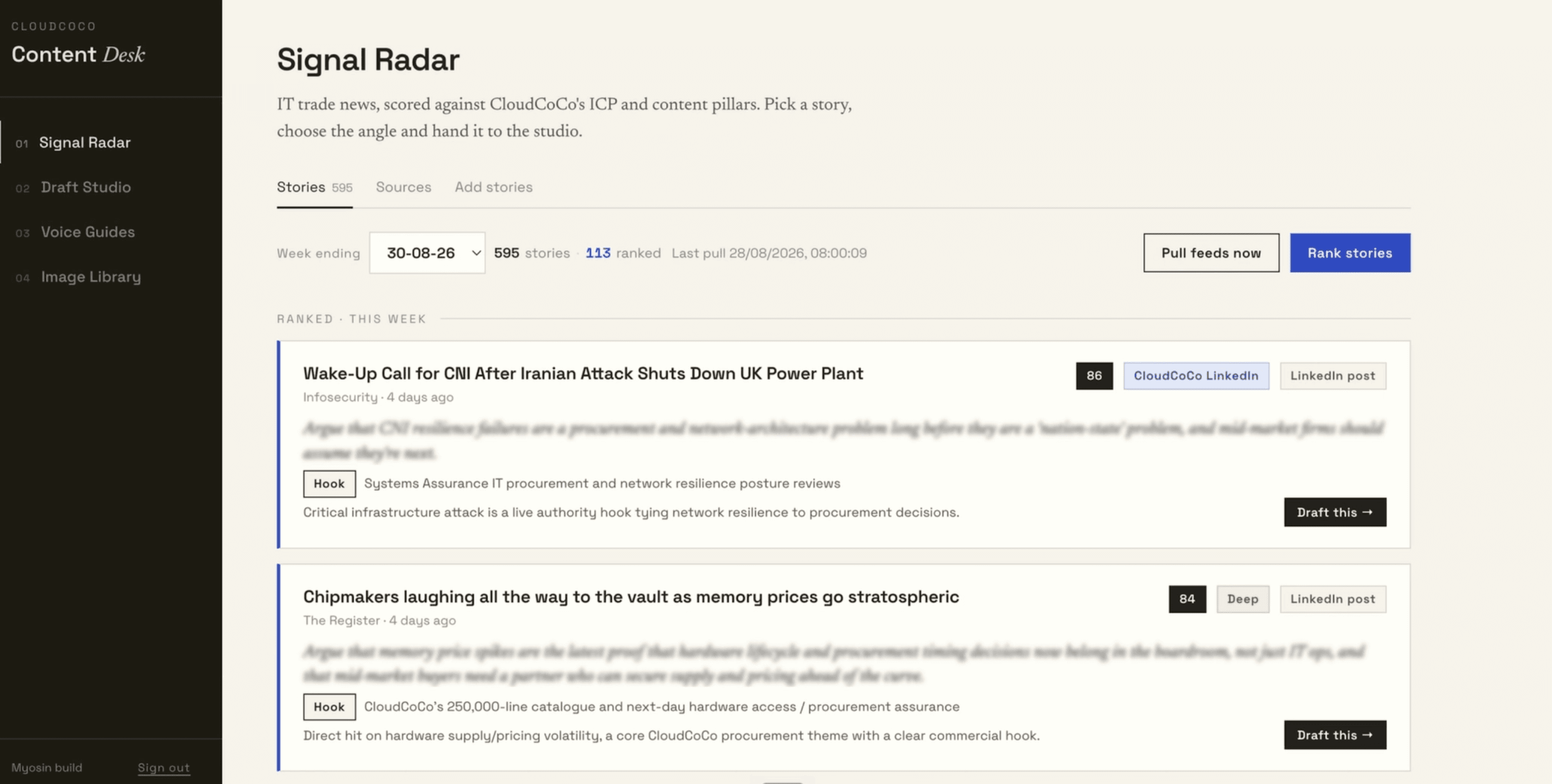 Content Desk pulls signals from a curated set of sources and ranks them according to relevance.