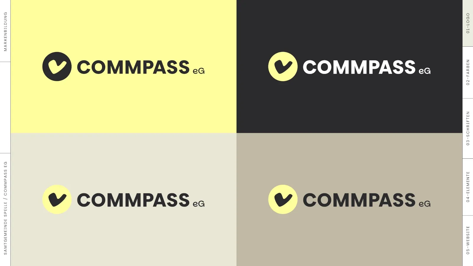 COMMPASS.eg Logo in verschiedenen Farben, gelb, schwarz, grau und beige.