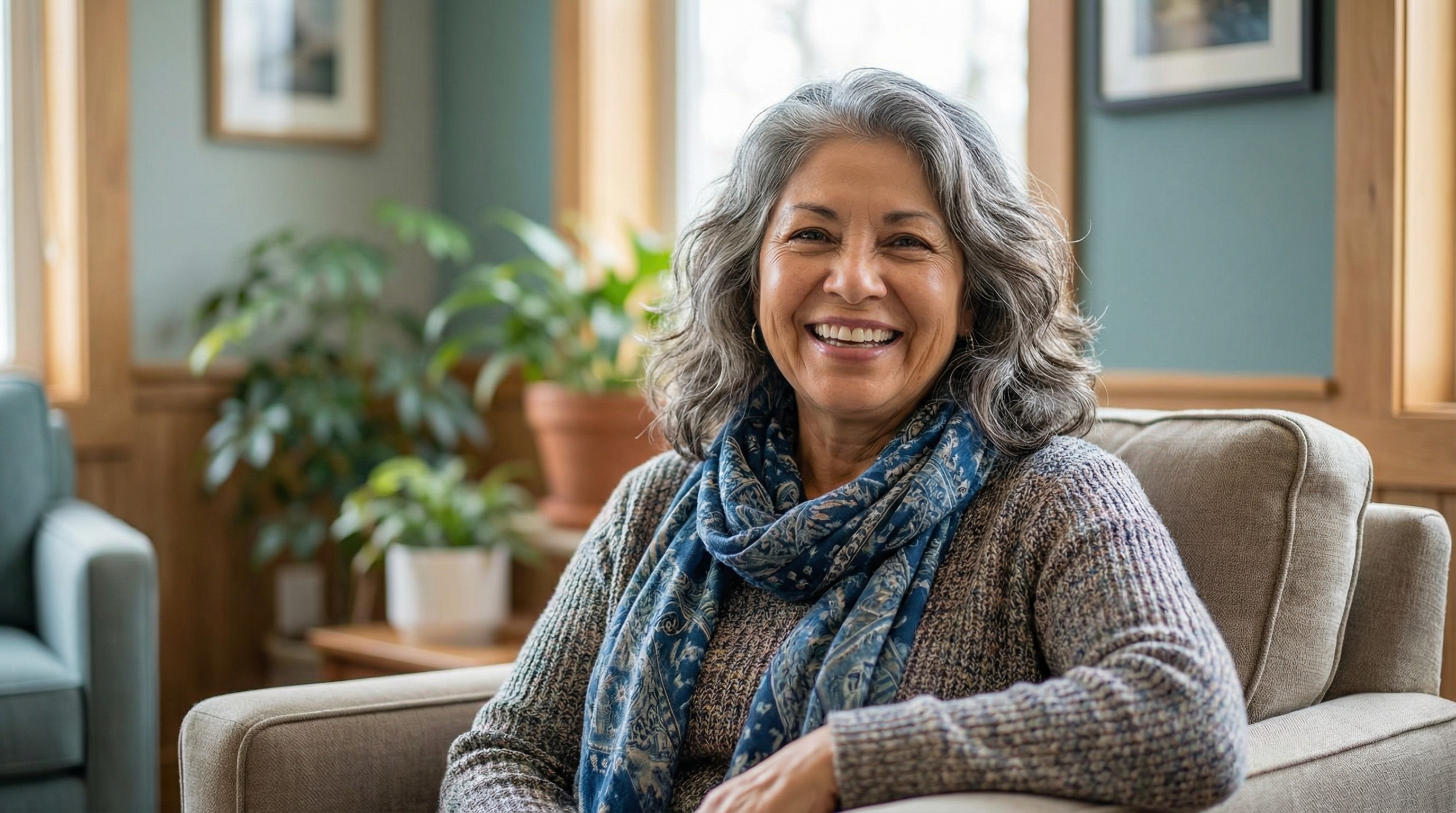 Happy patient testimonial: 'After choosing All-on-4 with Dr. Moosavi, I can eat, laugh, and smile without worry.' Real patient from West New York, NJ sharing their experience with Veda Family Dentistry's implant care