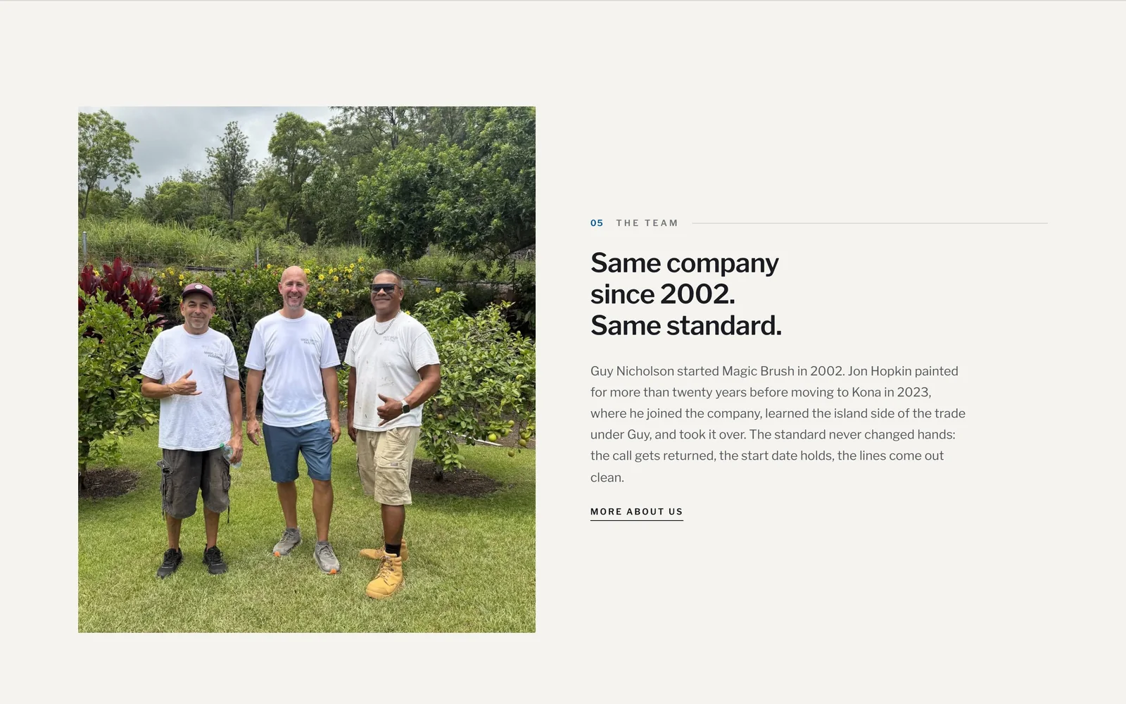 The team section of the Magic Brush website: ‘Same company since 2002. Same standard.’ beside a photo of Jon and two of his crew