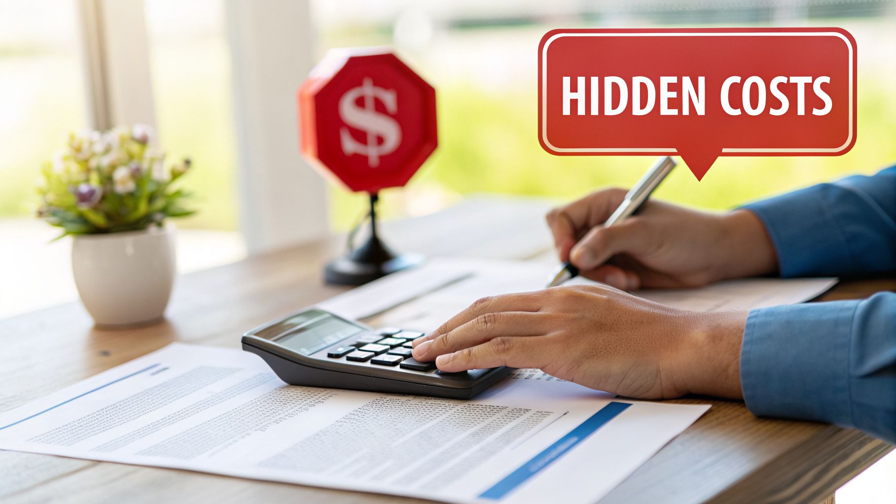 Person calculating expenses on a desk with a calculator, pen, and a