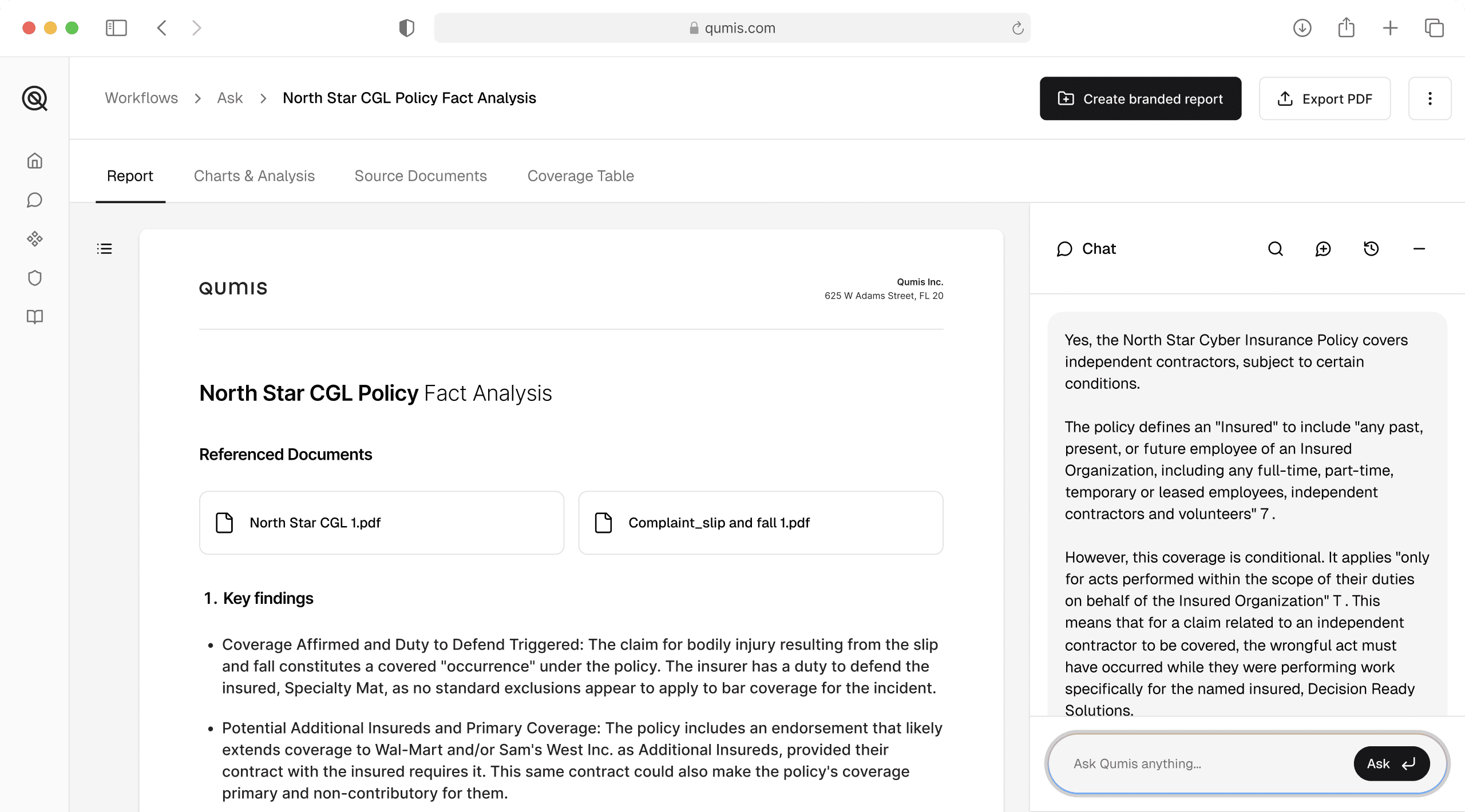 Qumis Ask tool interface showing a natural-language coverage question with a citation-linked AI answer grounded in policy language