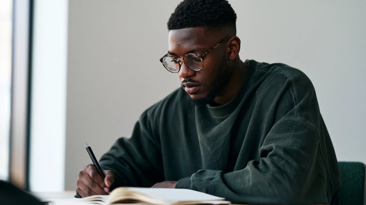 Man sitting at a simple desk writing in a blank notebook the day after a session
