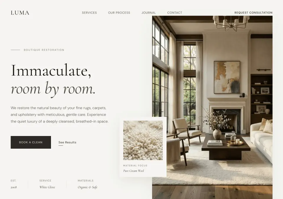 A clean business website layout for a professional carpet and upholstery cleaning service showing stain removal results.