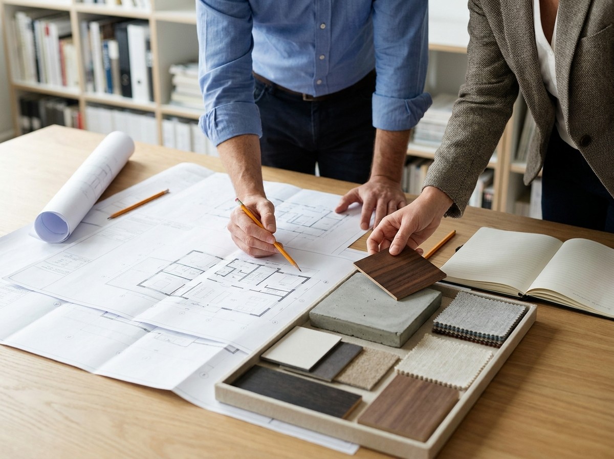 Two professionals reviewing architectural drawings alongside material and finish samples at a table