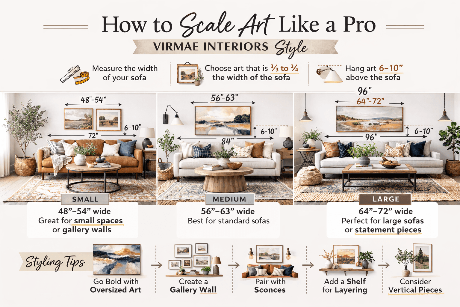 Infographic titled “How to Scale Art Like a Pro – Virmae Interiors Style” showing three living room examples (small, medium, and large sofas) with diagrams explaining that artwork should be two-thirds to three-quarters the width of the sofa and hung 6–10 inches above it. Includes styled neutral living rooms with warm wood, layered textiles, and landscape artwork, plus styling tips such as using oversized art, gallery walls, sconces, shelves for layering, and vertical pieces.