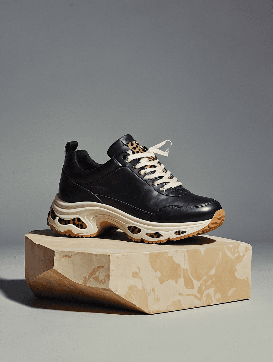 A chunky black leather sneaker with leopard print accents resting on a rough-hewn stone block.