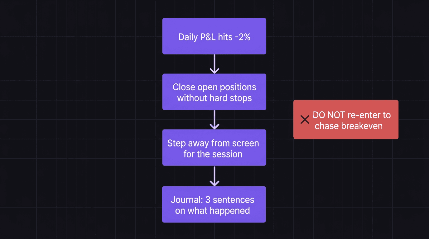Flowchart showing the 2 percent daily stop protocol with steps for closing positions, stepping away, journaling, and not re-entering