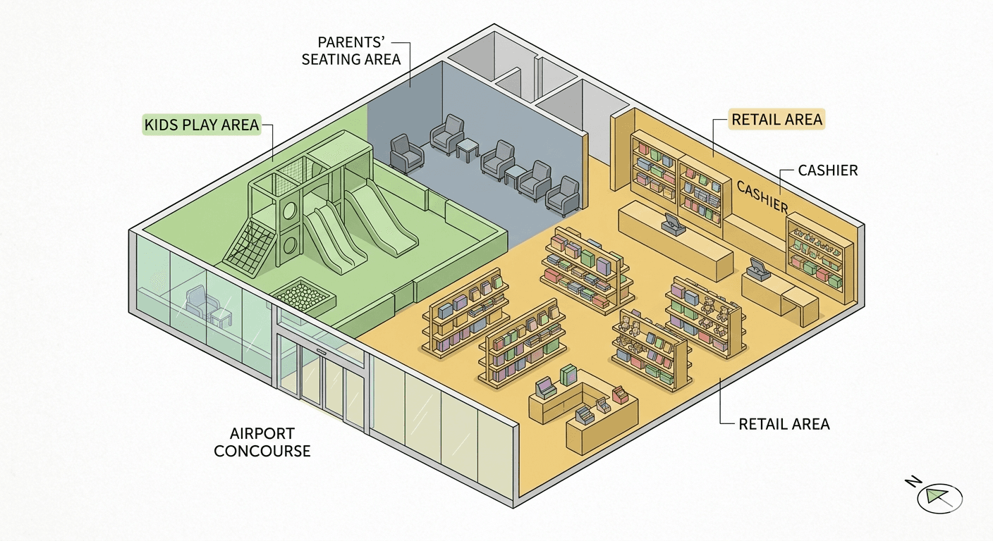 香港國際機場登機閘口旁的家庭候機座位與兒童遊樂區配置，優化機場動線與商鋪人流 (Family seating and kids zone near boarding gate at Hong Kong International Airport optimizing flow to nearby shops)