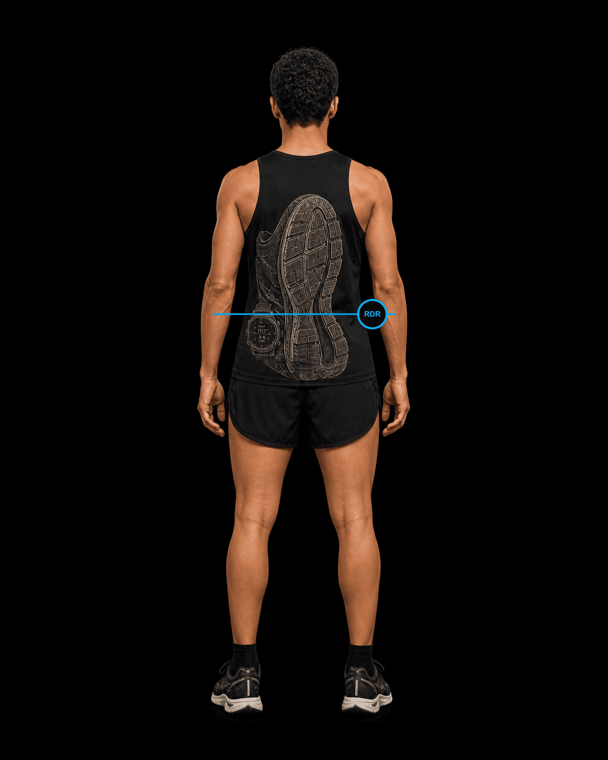 Back view of the same female road runner wearing the black Valkyrie Formation road-running kit concept with an engraved road shoe, outsole tread and GPS watch.