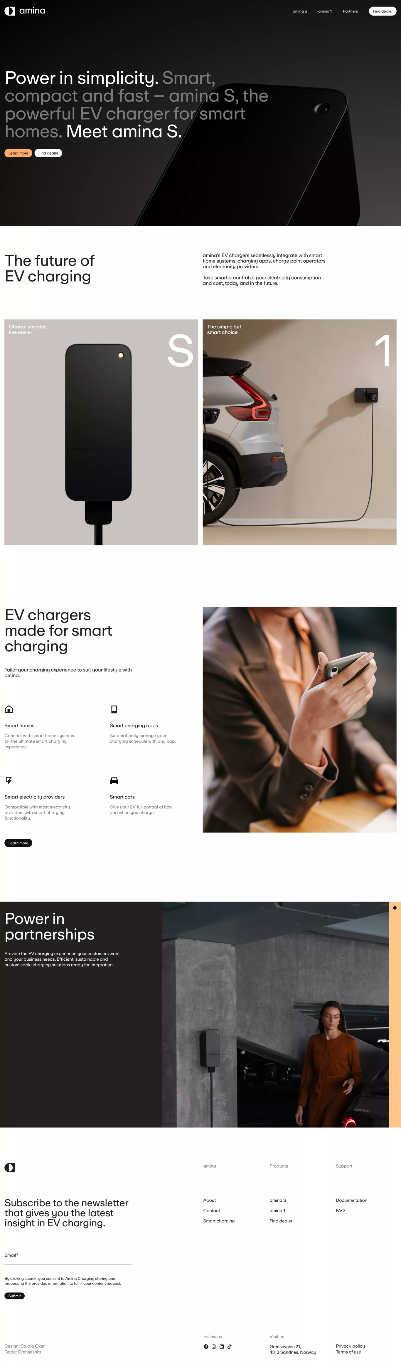 Amina charging landing page screenshot showcasing Tech and Automotive design