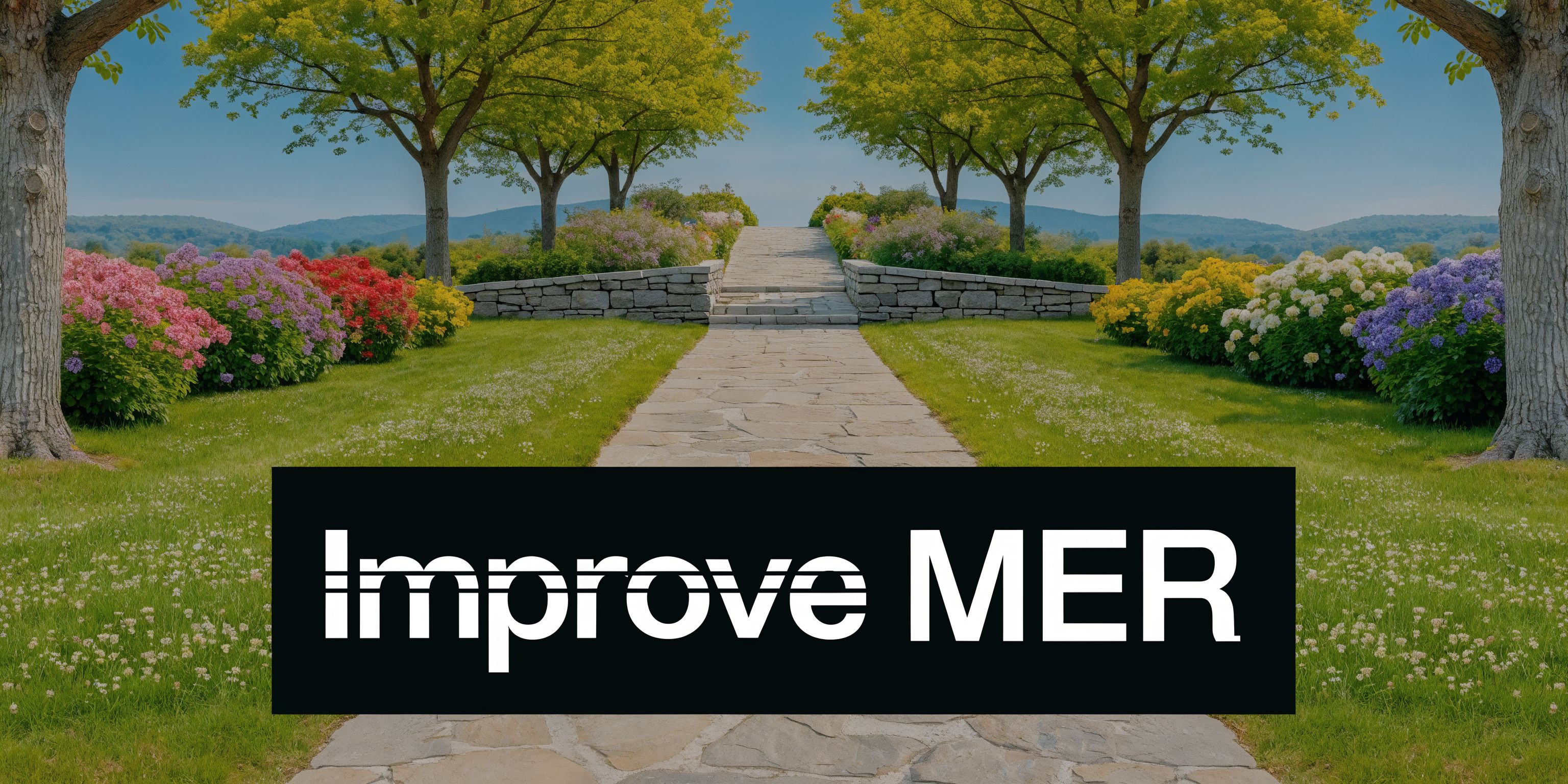 A serene stone pathway leads uphill through lush gardens with colorful hydrangeas toward a clear horizon.