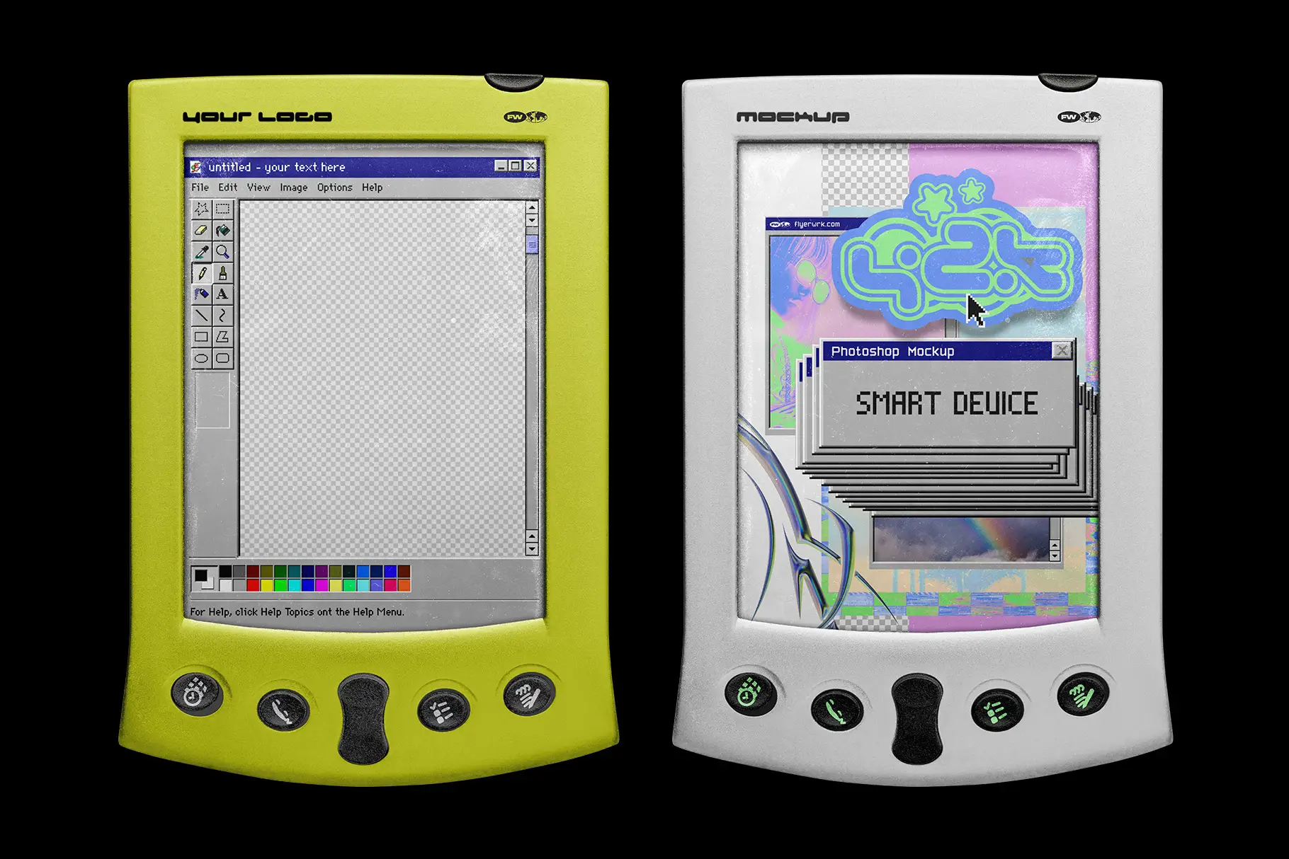 Retro smart device mockup with customizable PDA colors and screen design examples