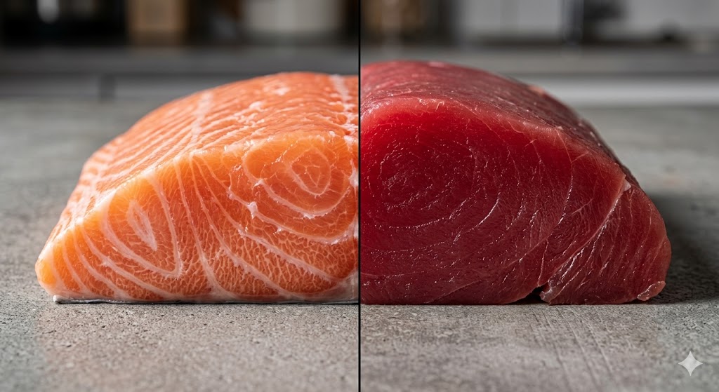 A photorealistic, split-screen macro food photograph on a concrete surface, providing a close-up comparison of a raw, marbled salmon fillet (left) and a deep ruby-red tuna loin (right) under dramatic lighting.