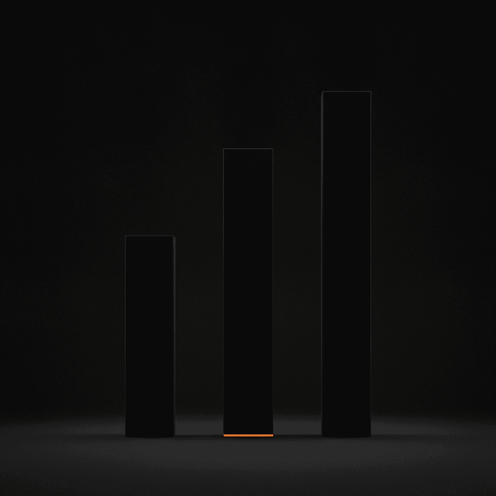Three black architectural columns of different heights with one orange-lit seam between them