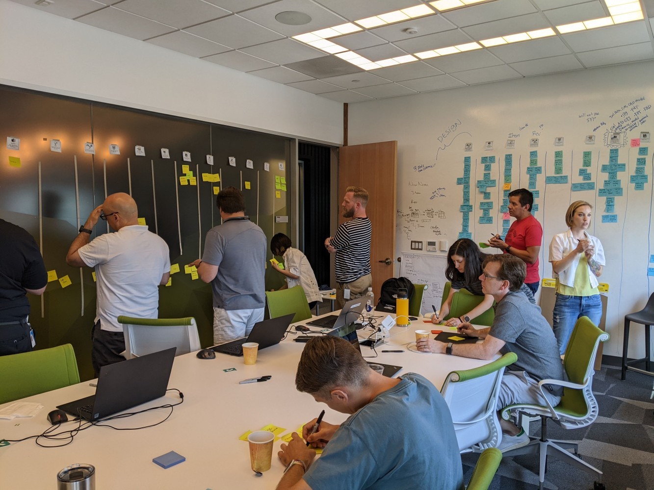 Participants collaborate during an OOUX workshop, adding and organizing colorful sticky notes across large wall-mounted object maps while others work at a table with laptops and notes. The room is filled with in-progress diagrams, relationships, and handwritten annotations as the group works through the system together.