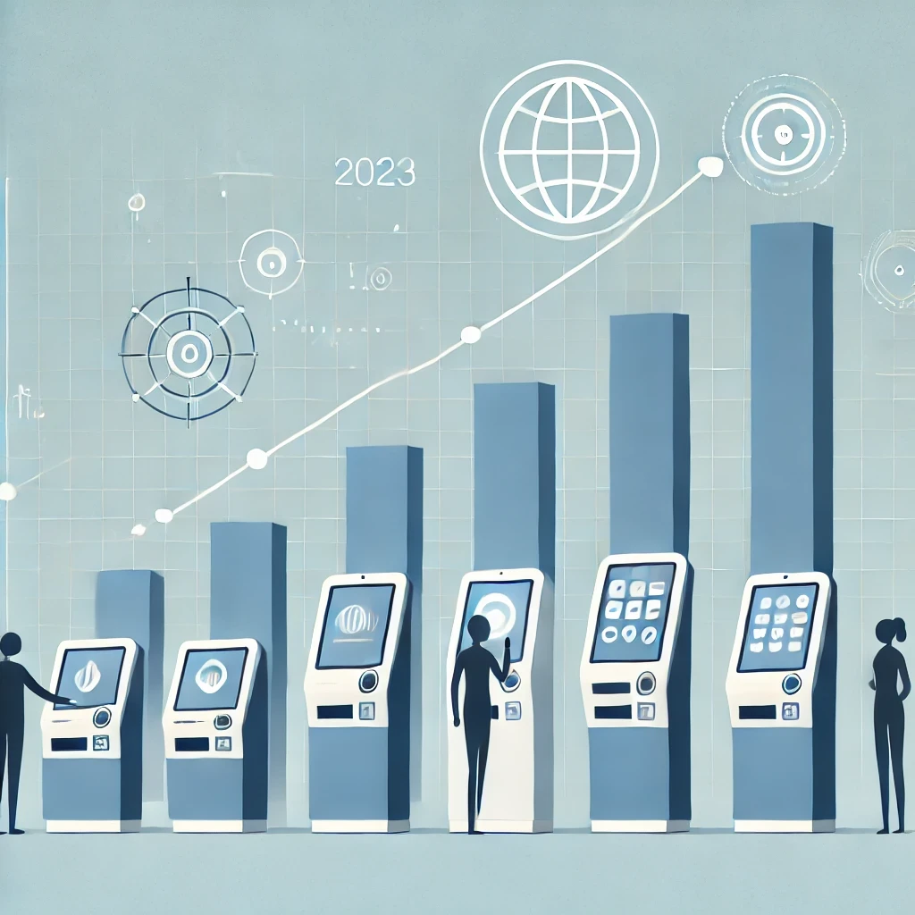 Minimalist flat illustration showing modern self-checkout kiosks with simplified human figures using them. A rising chart in the background represents market growth, with a globe and connecting lines symbolizing global expansion. The design uses a clean color palette of blue, white, and green.