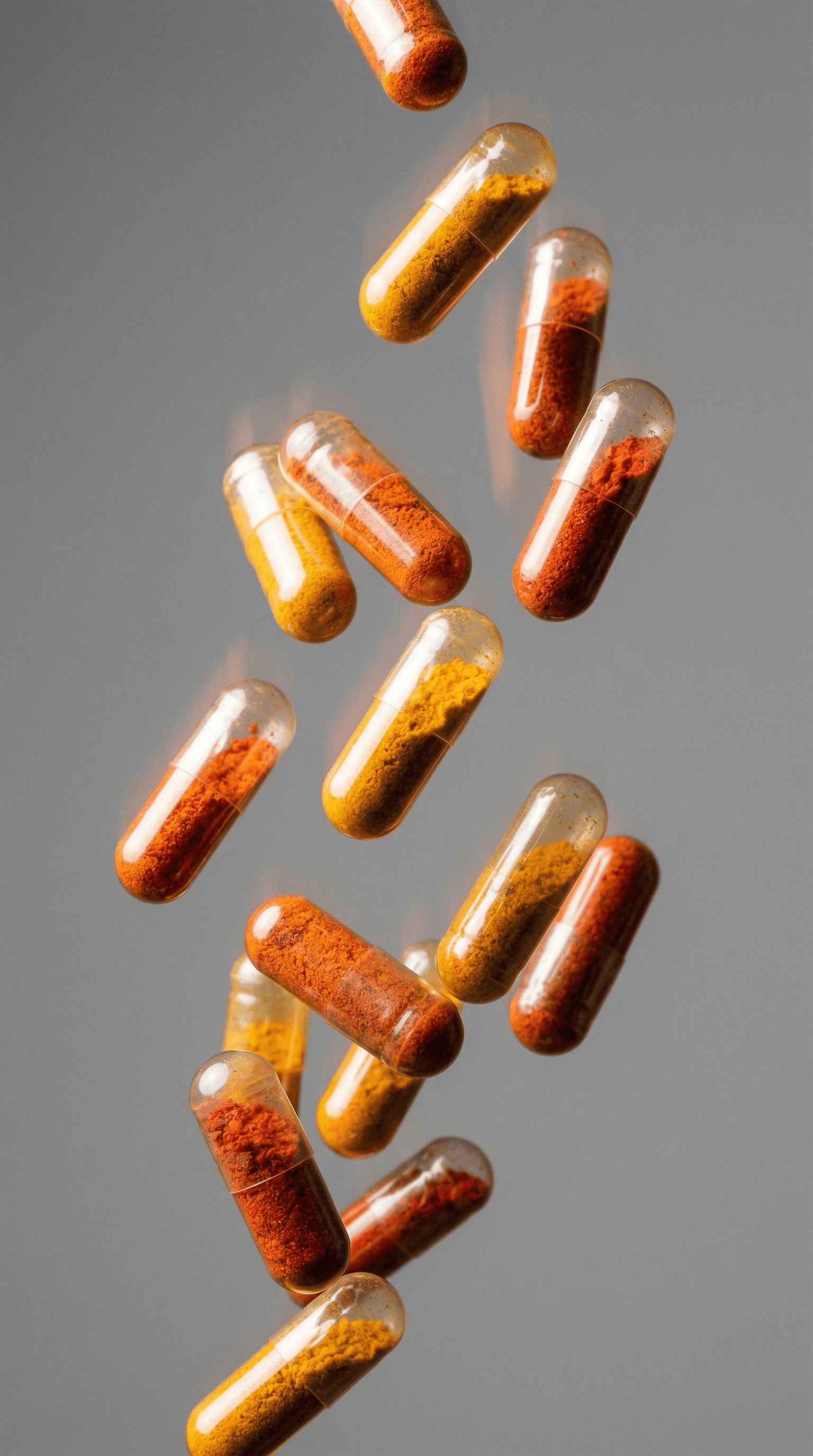 Transparent capsules with orange and yellow powder falling against a grey background