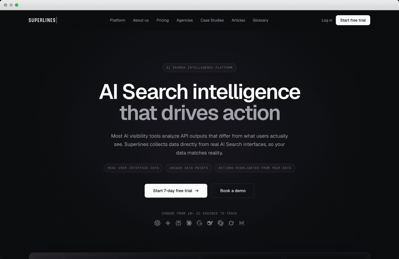 Superlines homepage, AI Search intelligence hero