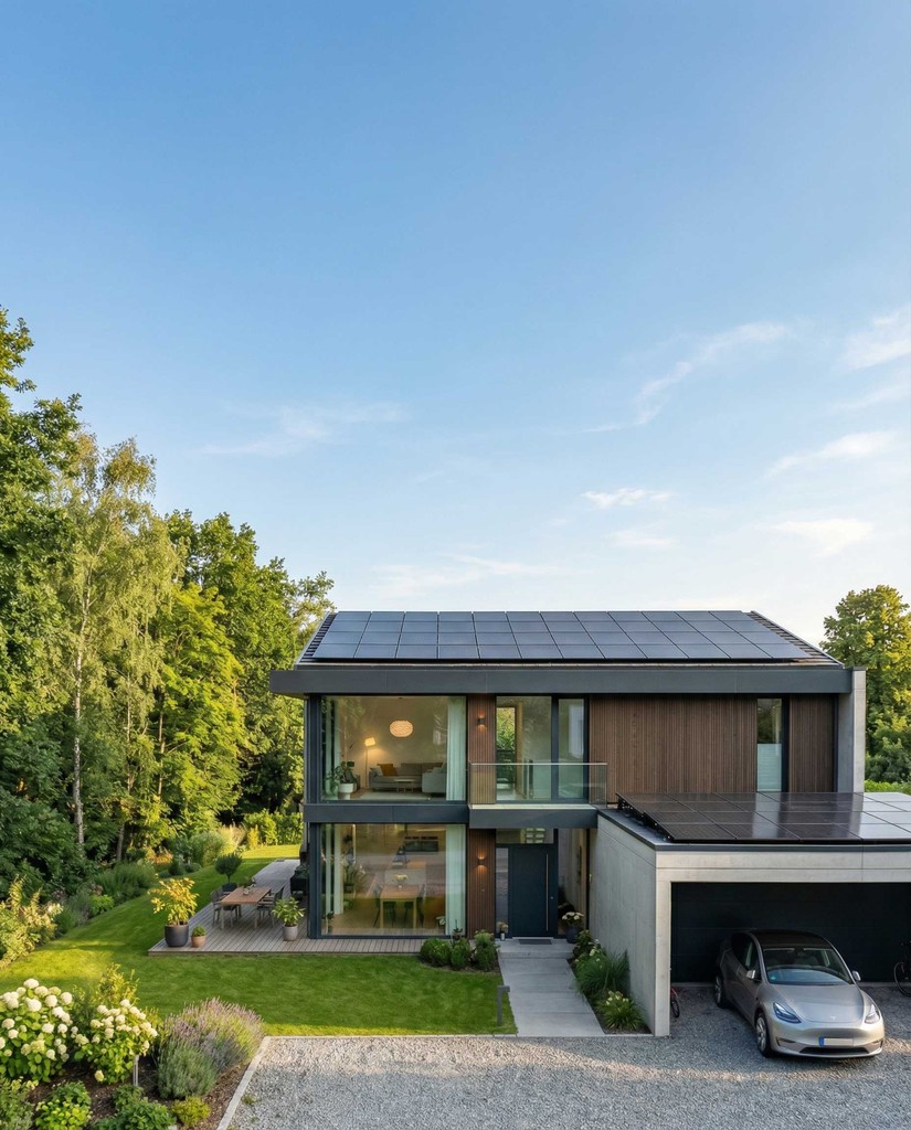 Foto von einem modernen Haus mit Solarenergie. Links sind Bäume, in der Mitte ist das Haus mit den Solarmodulen auf dem Dach. Modern, große Glasscheiben und es ist ein Einfamilienhaus. Auf dem Garagendach sind auch Solarmodule installiert.