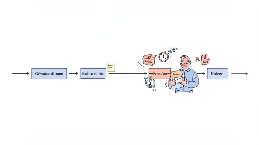 A workflow diagram illustrating a process from 'Goreai ce stream' through 'Frontline' activities to 'Kaizen' improvement.