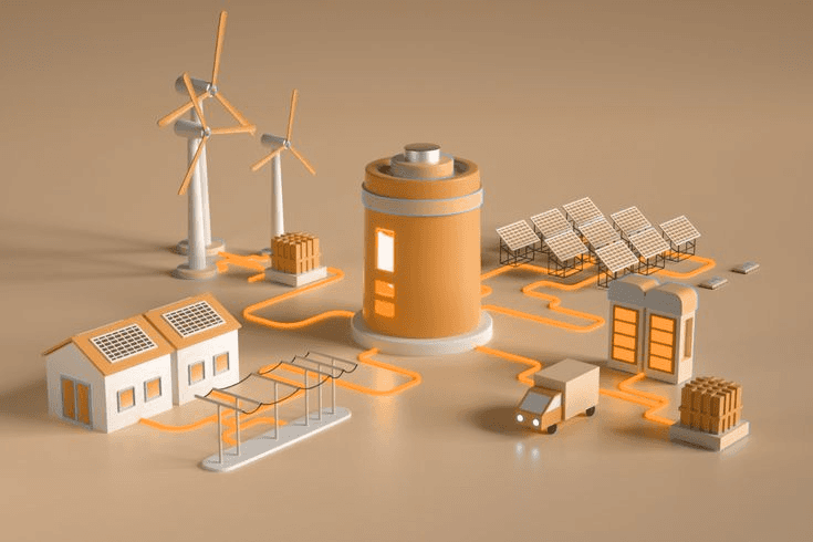 Visualisation 3D d’un site de production d’énergie : éoliennes, panneaux solaires et stockage, visualisation industrielle par Simulacre Studio