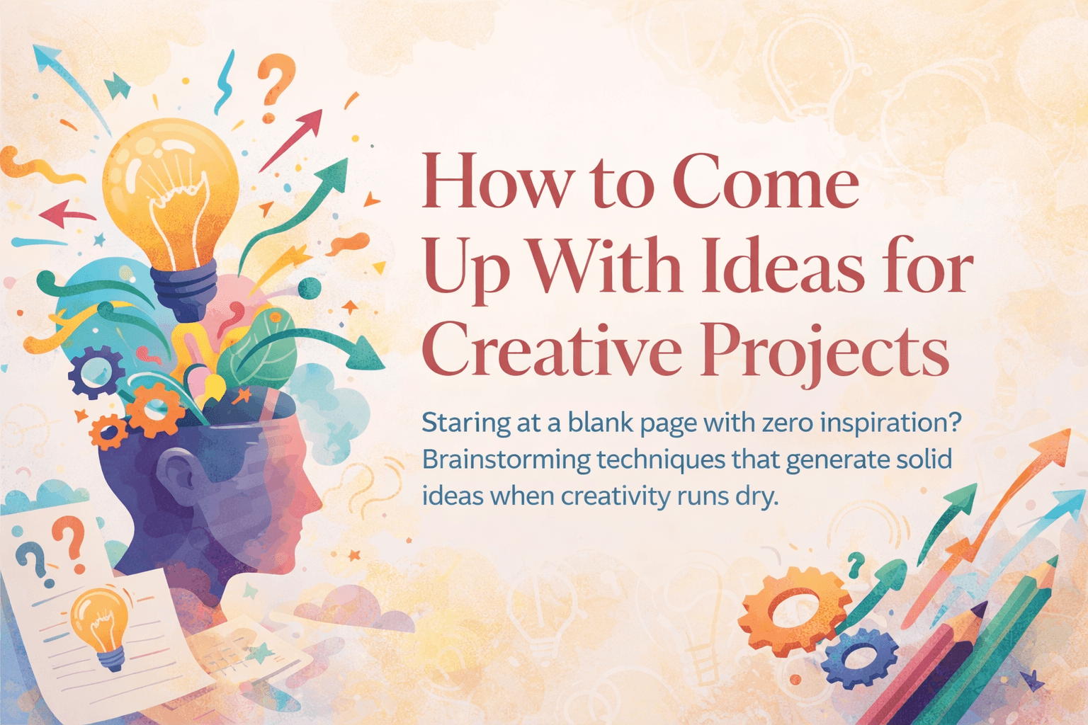 How to Come Up With Ideas for Creative Projects with lightbulb and arrows bursting from a head to show brainstorming.