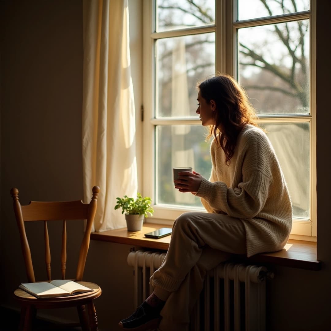 eine frau hälteine tasse in der hand, sie ist alleine in einem zimmer