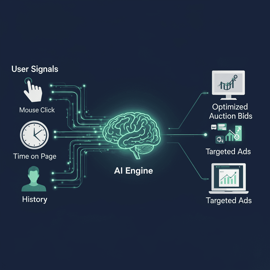 Infográfico técnico sobre inteligência artificial e otimização de lances no tráfego pago para e-commerce