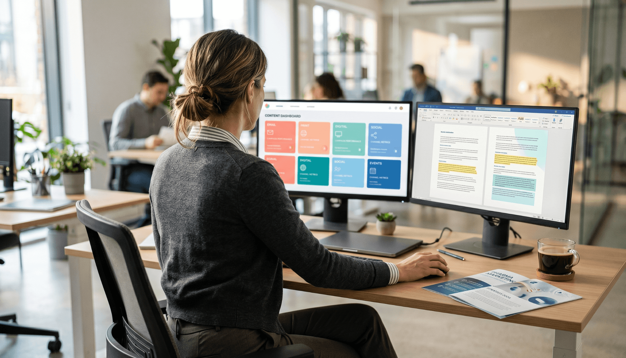 Pharma marketing professional reviewing omnichannel content across multiple screens in a modern office setting