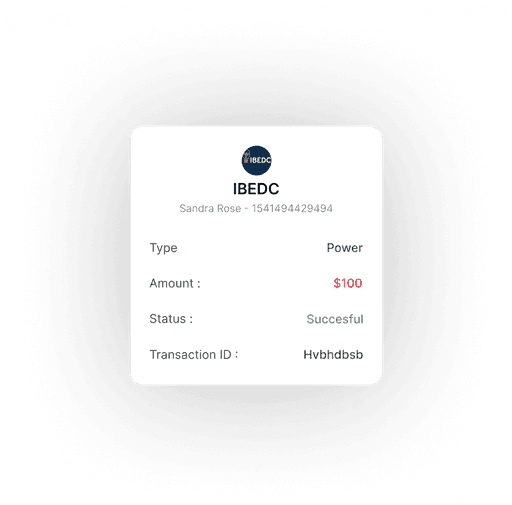 A digital receipt showing a 100 payment for a Power bill with successful transaction status, issued by IBEDC, featuring a transaction ID and user information.