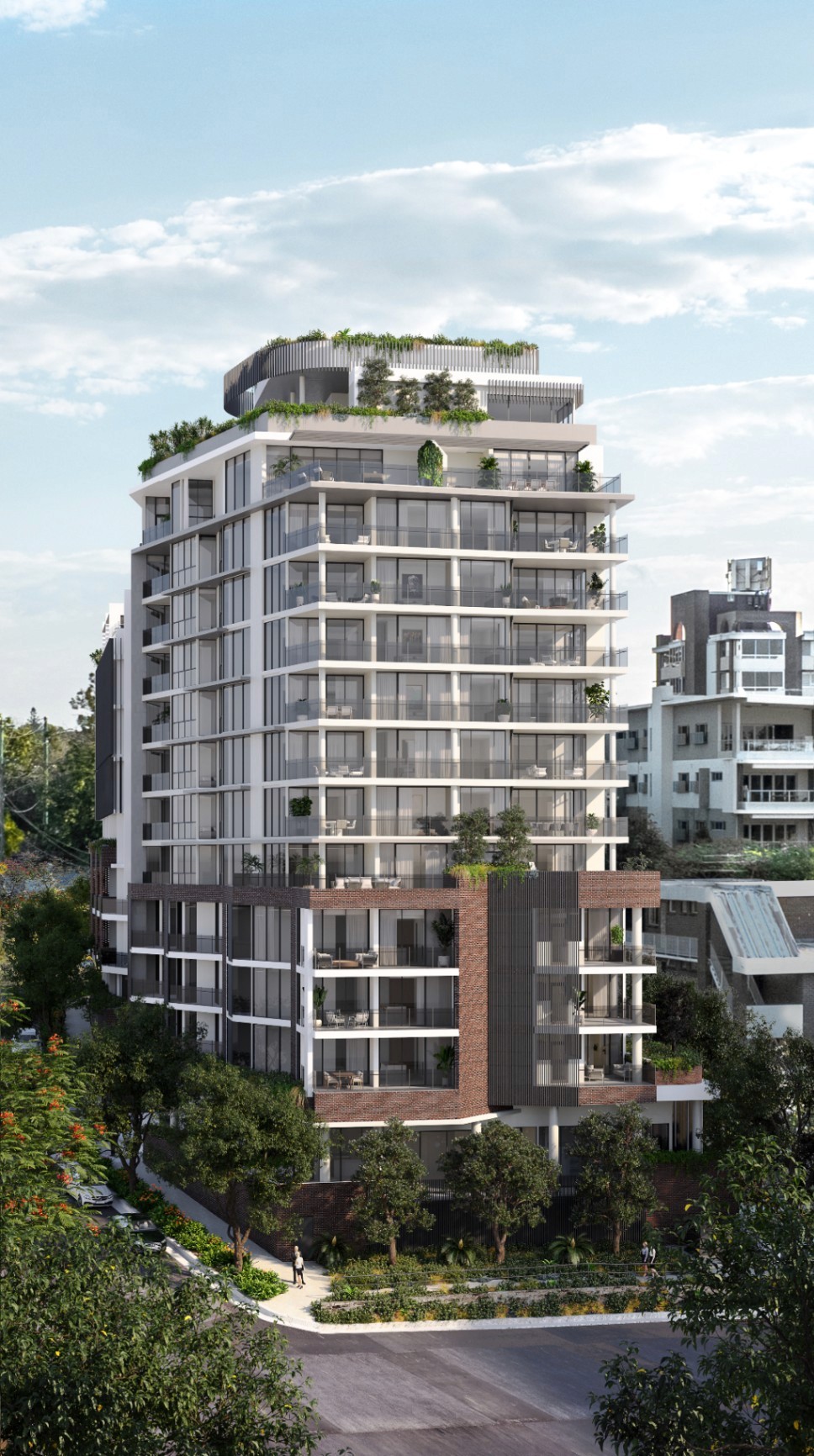 Exterior view of The Adler Auchenflower, a premium off-the-plan apartment tower in Brisbane you can secure with a $10k deposit using Coposit.