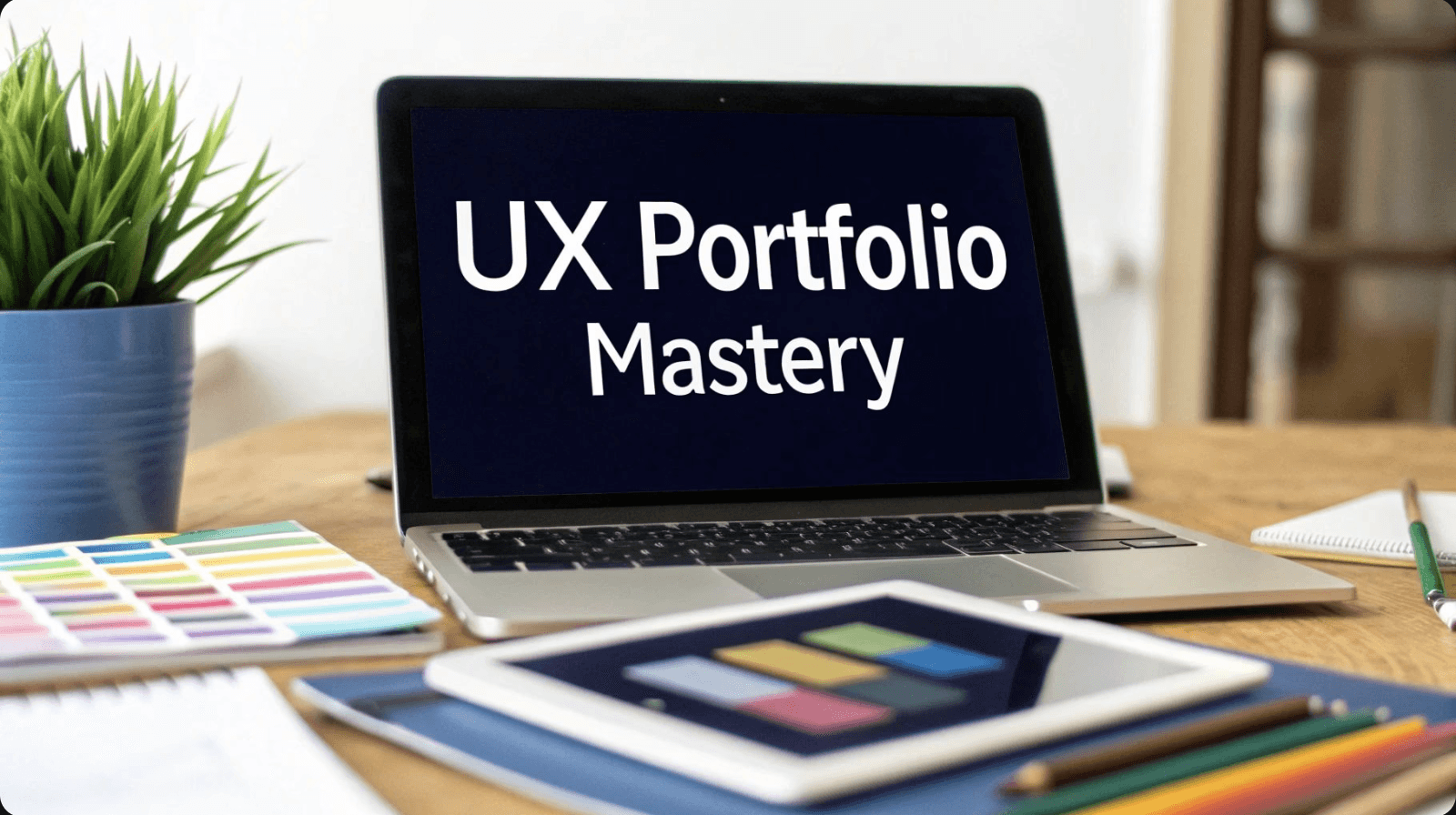 Laptop displaying “UX Portfolio Mastery” on screen, placed on a desk with color swatches, tablet, notebooks, and colored pencils in a creative workspace