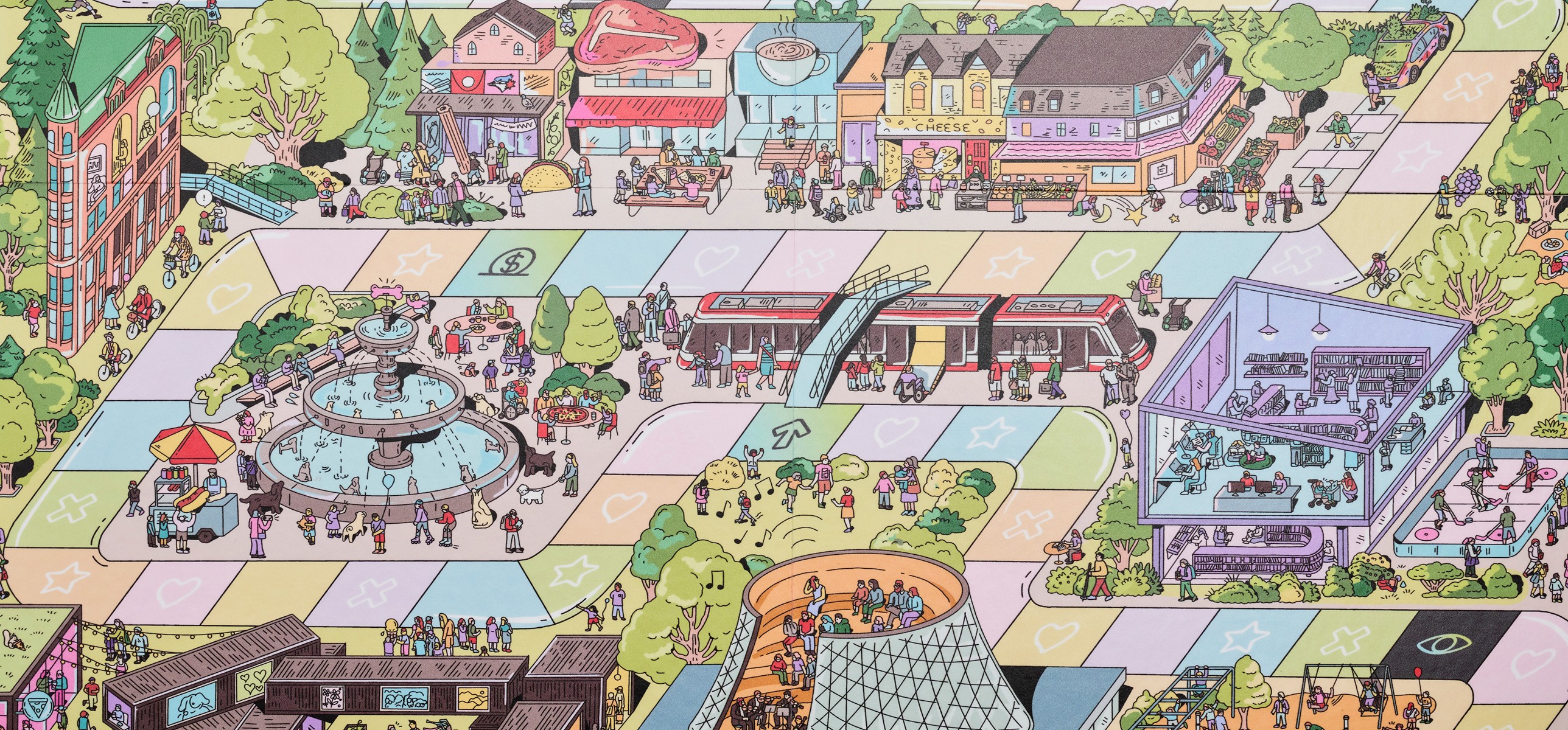 A child in a swimsuit playfully jumps with a water spray in a backyard, surrounded by toys and greenery.