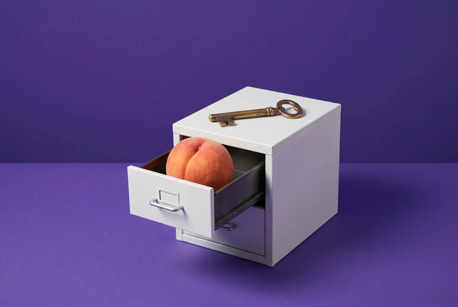 A peach in an open filing cabinet drawer with a brass key on top, data privacy in QUITTR vs BrainBuddy