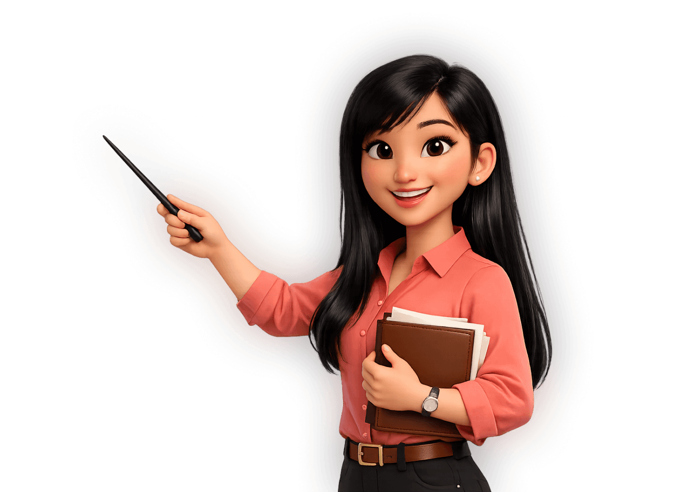 3D cartoon woman teacher holding books and pointing with a pointer