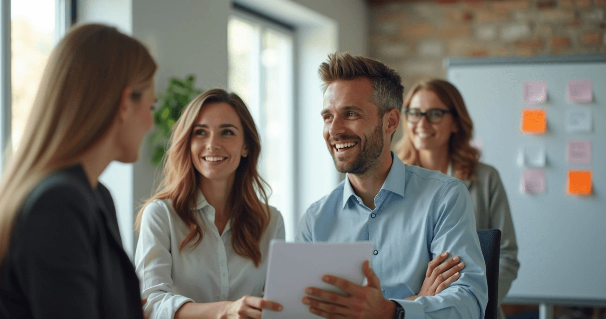 Gestor dando feedback positivo para colega em escritório moderno