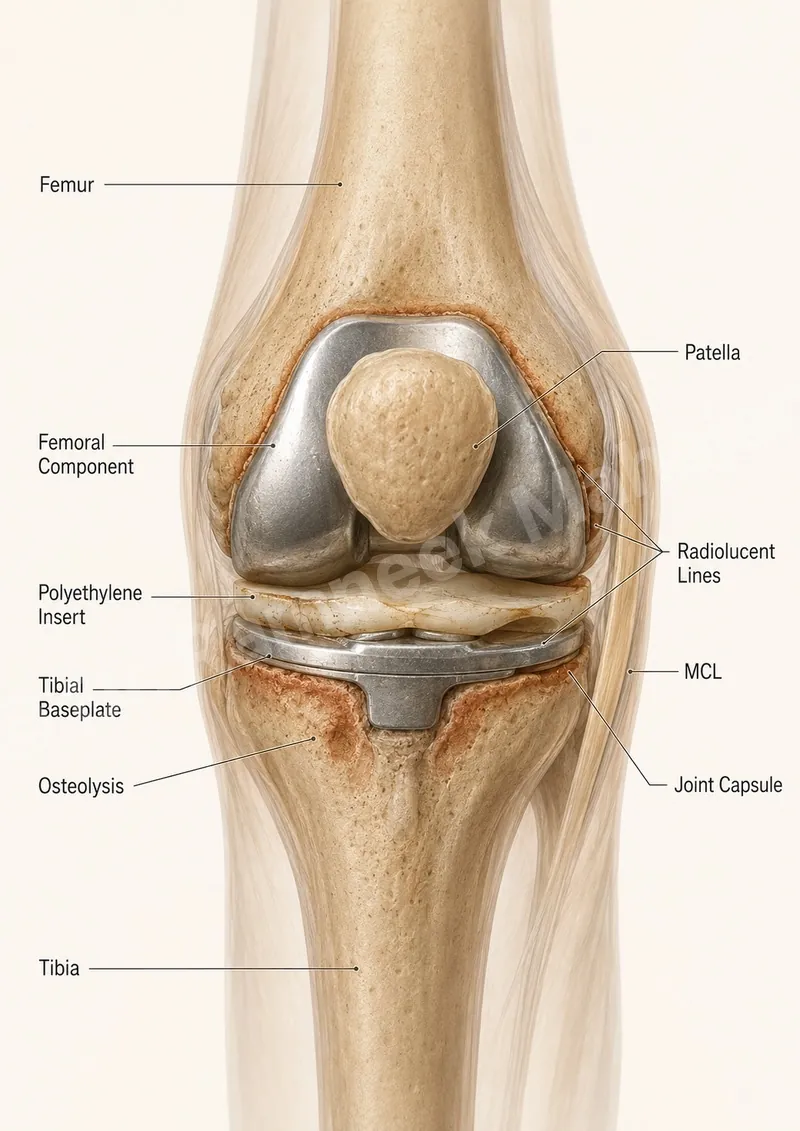 Failed primary knee replacement with implant loosening, osteolysis and radiolucent lines - the trigger for revision surgery.