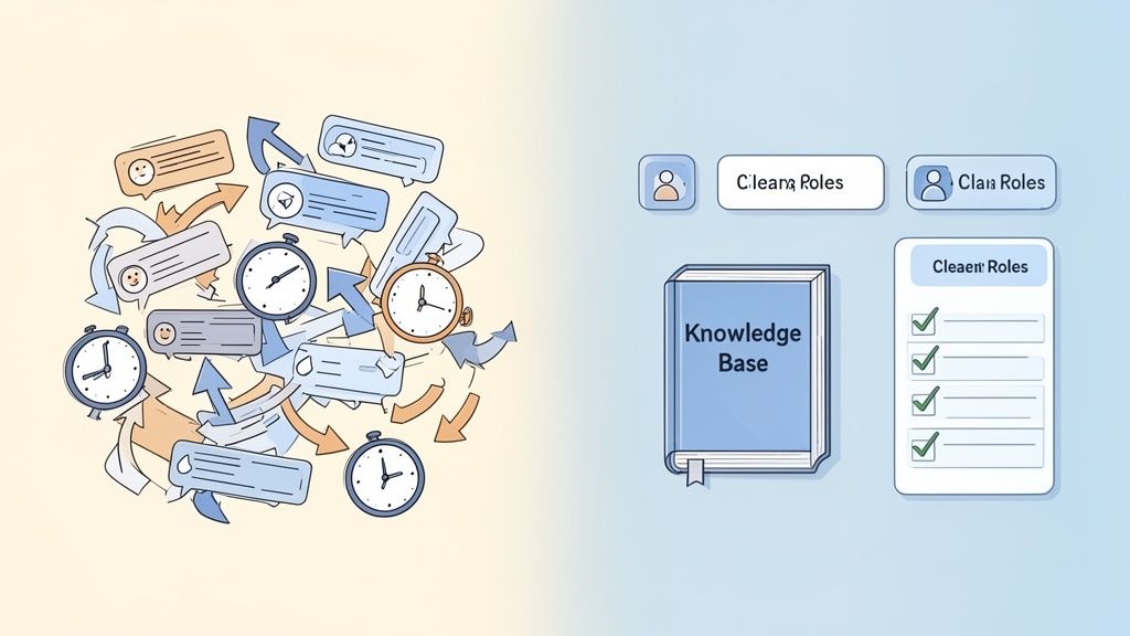 An illustration contrasting chaotic communication and time pressure with clear roles and a knowledge base.