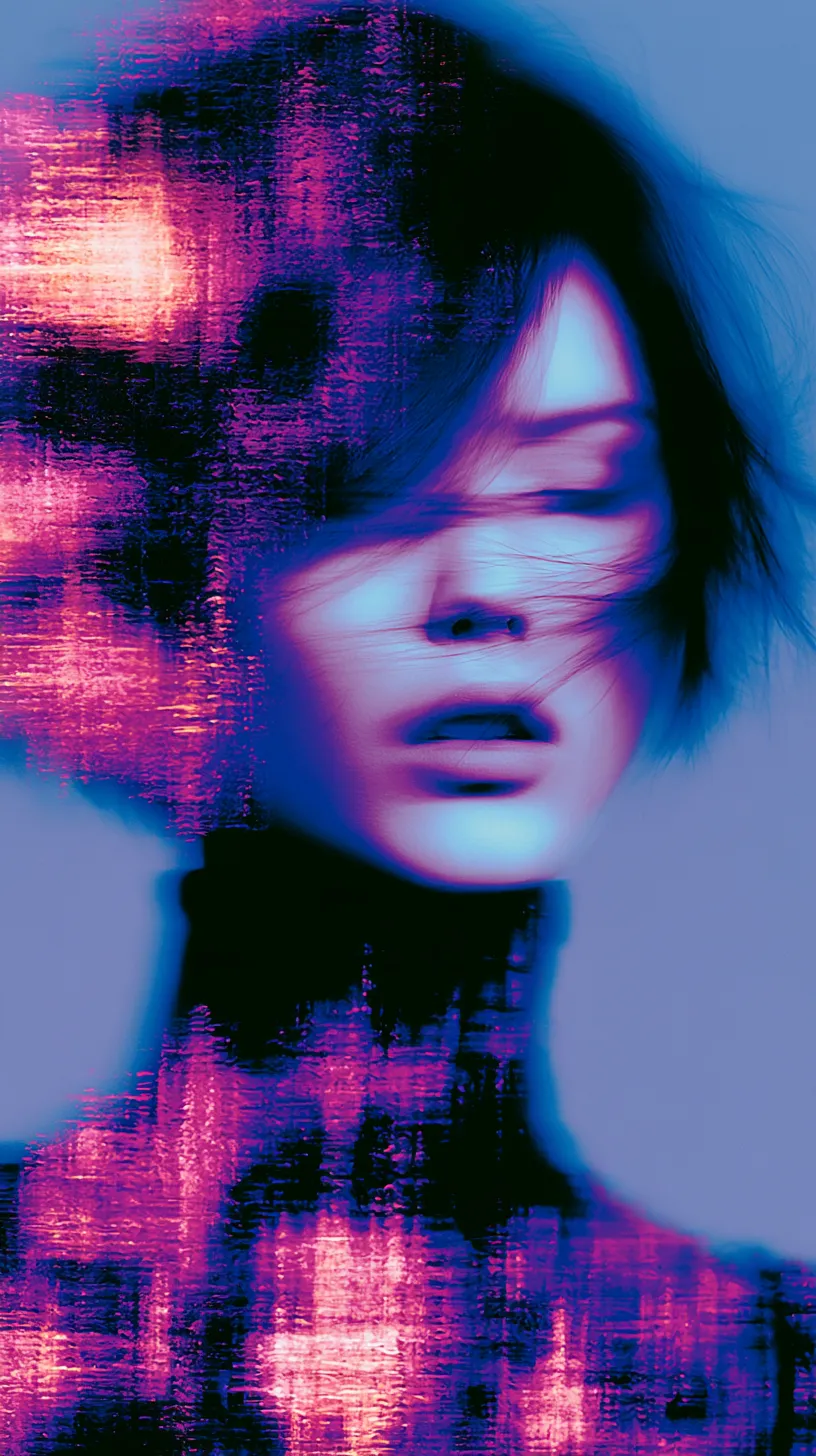 Volto femminile con occhi coperti dai capelli, ombre viola e blu, attraversato da bagliori rosa in atmosfera Smateriae
