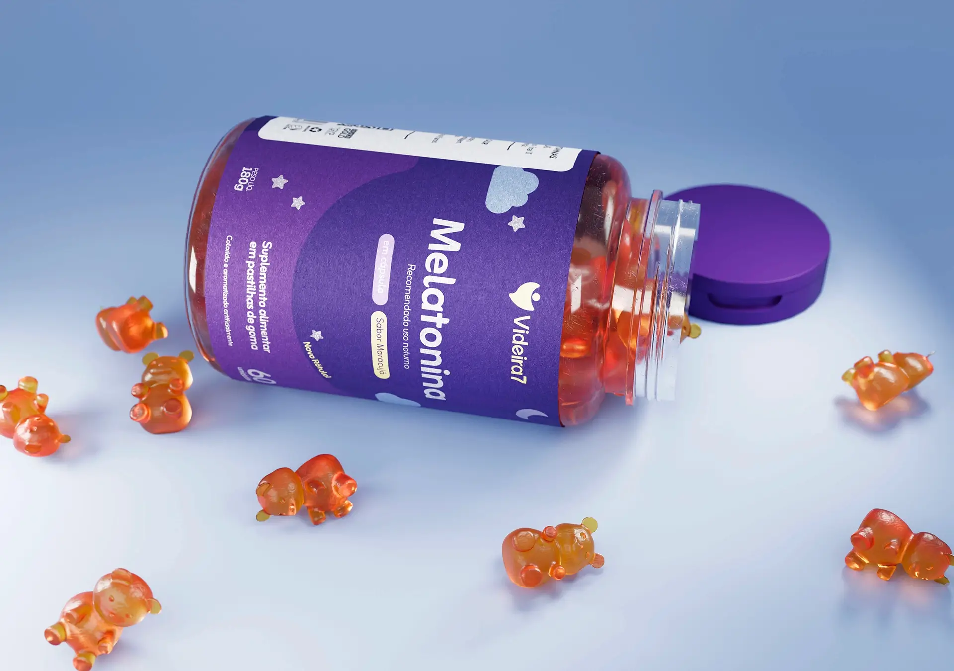 3D visualization of Videira7 Melatonina gummy supplement bottle with floating gummy bears and clouds, high-quality product render for portfolio.