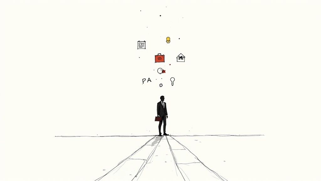 A businessman stands on a path, looking up at floating icons representing tasks and decisions.