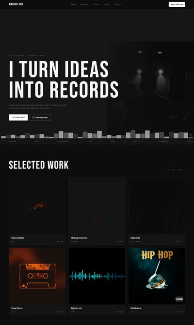 Music producer website prompt — near-black and white Bebas Neue bold music producer and recording studio design preview