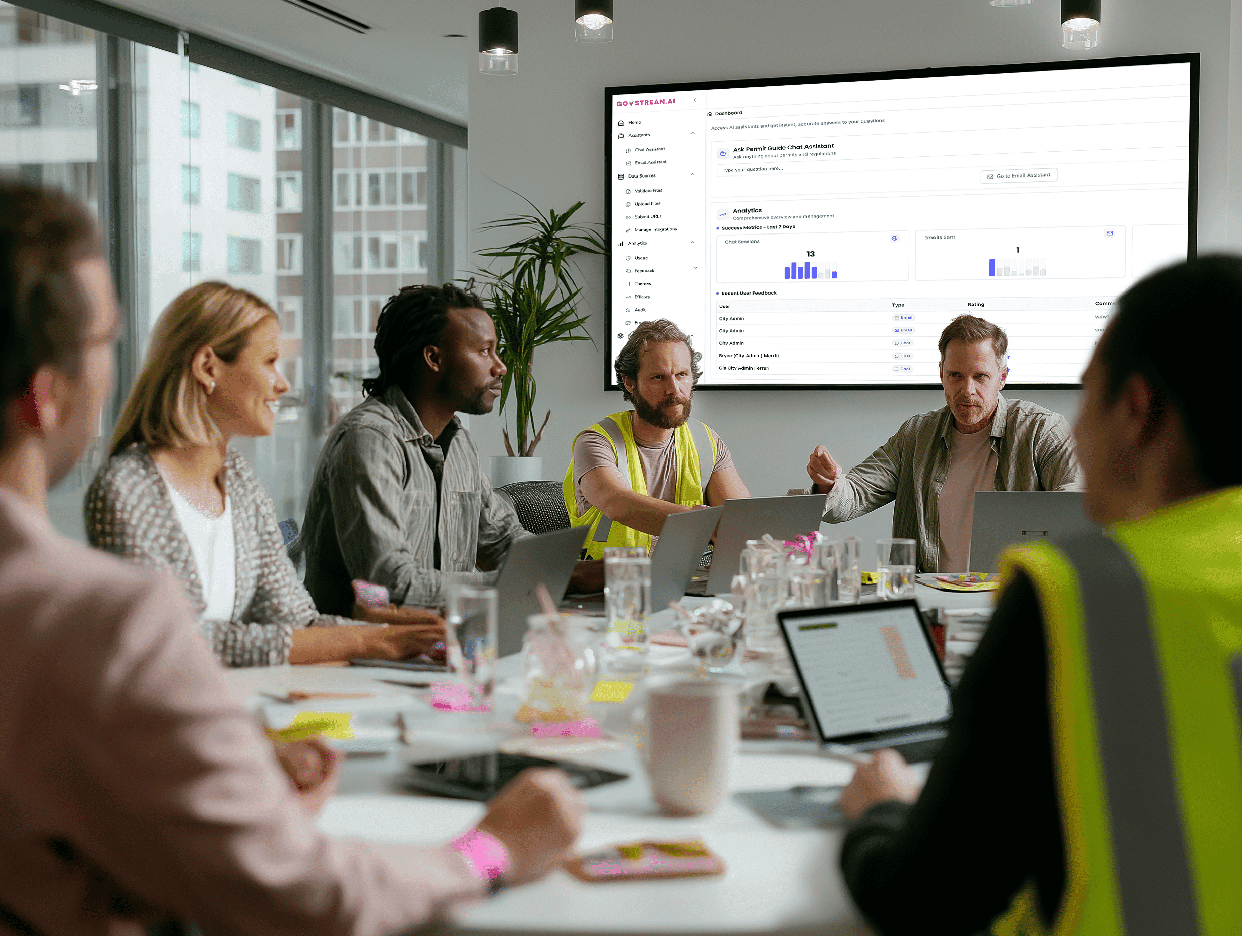Five professionals sitting inside a meeting