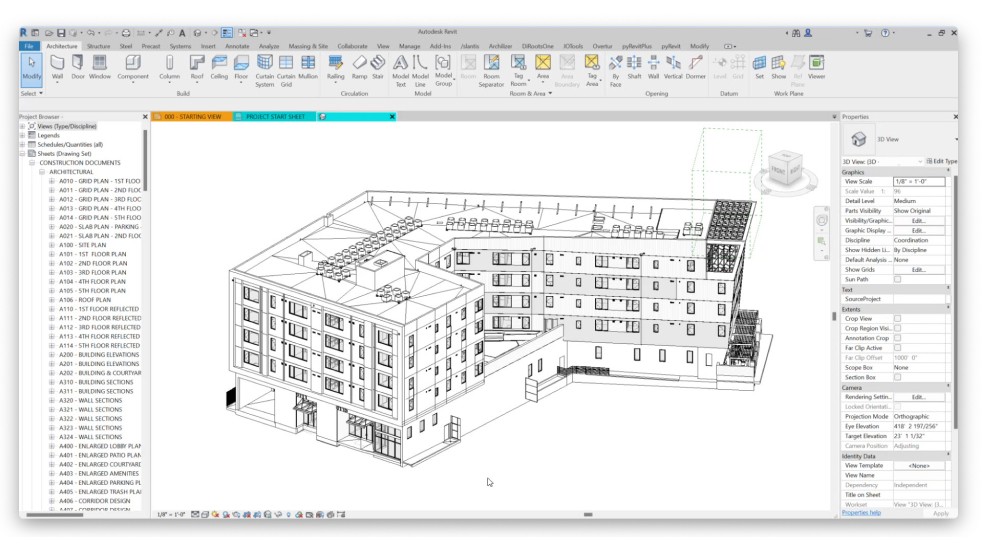 3D model of a multi-story, residential building. 