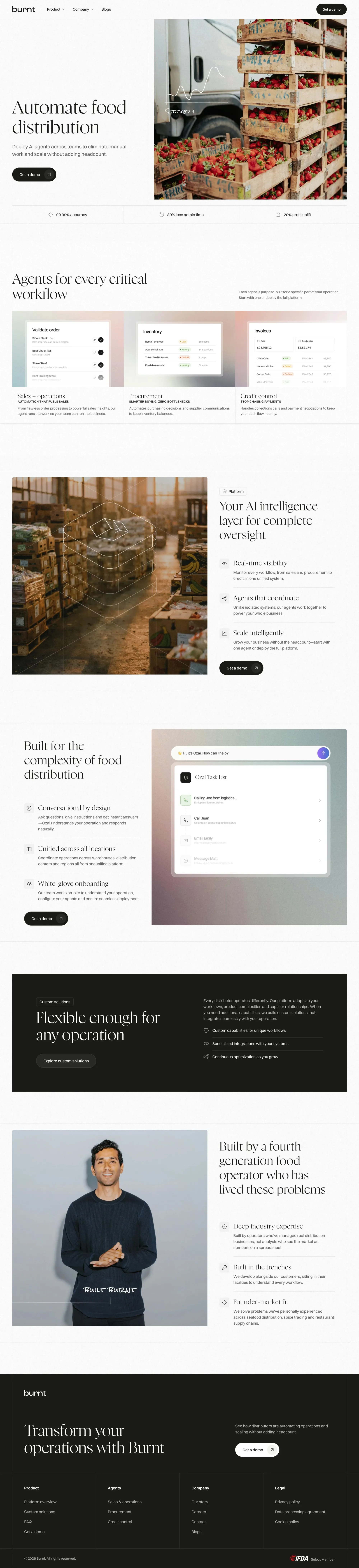 Automate Food Distribution with AI Agent landing page screenshot showcasing AI and Food & Drinks design
